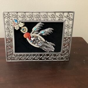 Handmade jewelry hummingbird framed art red throat silver floral framed picture